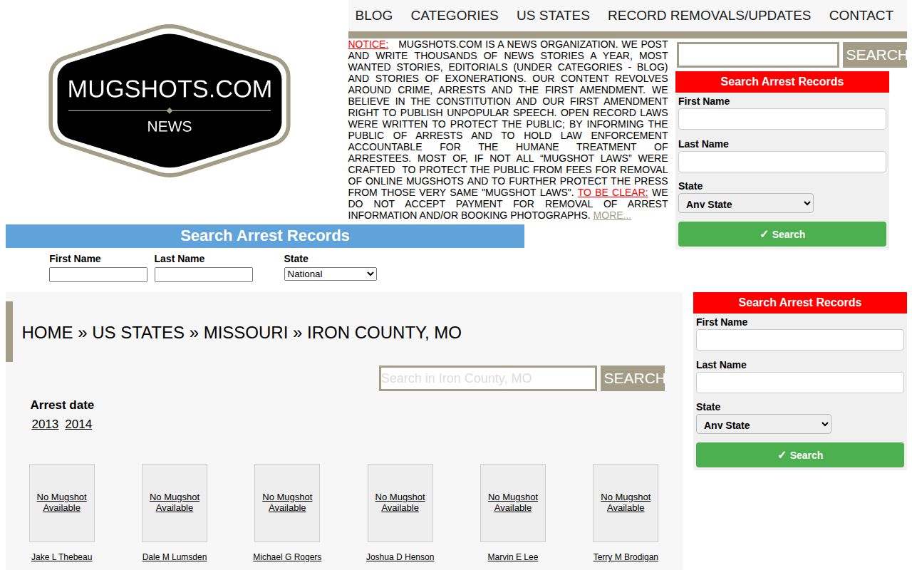 Unofficial Iron County historical arrest archive source with mugshot availability limits