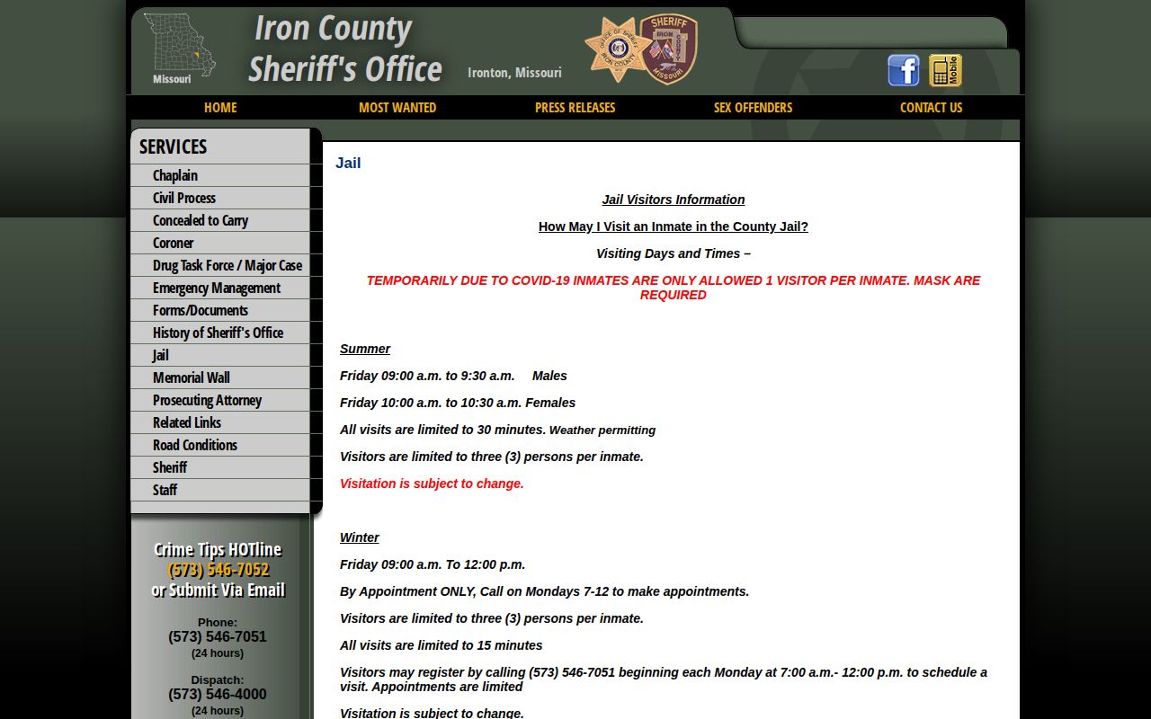 Iron County Jail official information page for booking and custody records