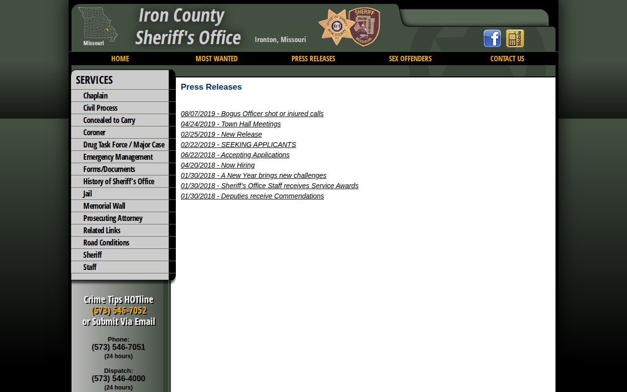 Iron County Sheriff official press releases archive for arrest records